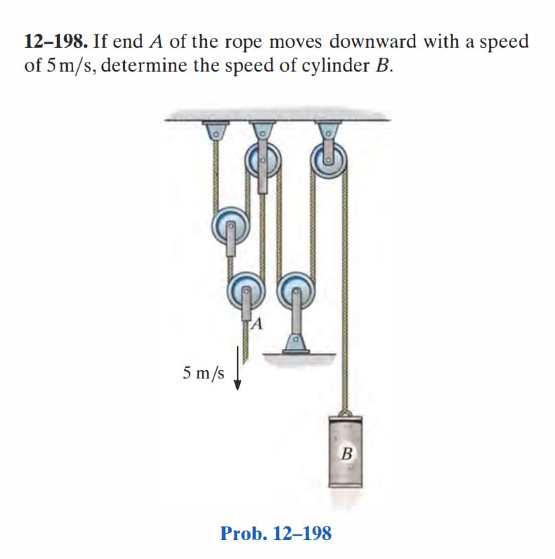 12-198. If end A of the rope moves downward with a speed
of 5 m/s, determine the speed of cylinder B.
5 m/s
A
Prob. 12-198
B
