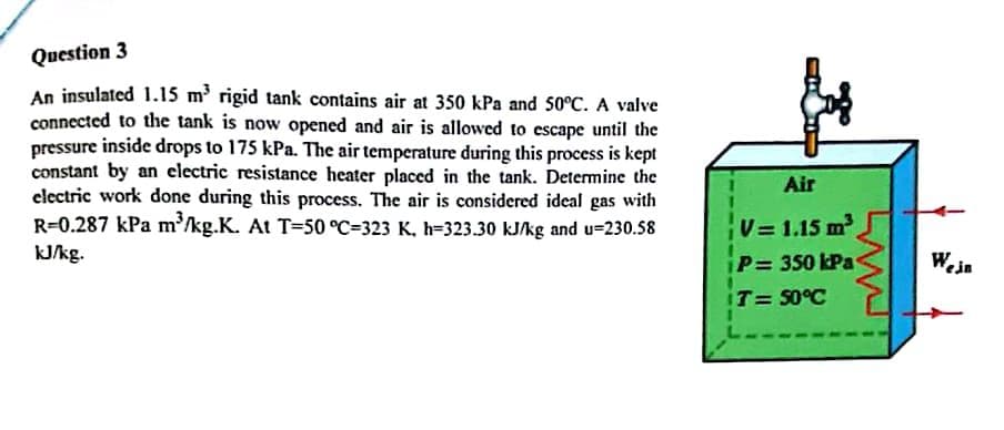 Question 3
An insulated 1.15 m³ rigid tank contains air at 350 kPa and 50ºC. A valve
connected to the tank is now opened and air is allowed to escape until the
pressure inside drops to 175 kPa. The air temperature during this process is kept
constant by an electric resistance heater placed in the tank. Determine the
electric work done during this process. The air is considered ideal gas with
R-0.287 kPa m³/kg.K. At T-50 °C-323 K, h-323.30 kJ/kg and u-230.58
kJ/kg.
Air
V=1.15 m³
P= 350 kPa
T= 50°C
Wein