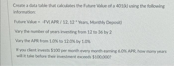 Create a data table that calculates the Future Value of a 401(k) using the following
information:
Future Value = -FV(APR/12, 12 Years, Monthly Deposit)
Vary the number of years investing from 12 to 36 by 2
Vary the APR from 1.0% to 12.0% by 1.0%
If you client invests $100 per month every month earning 6.0% APR, how many years
will it take before their investment exceeds $100,000?

