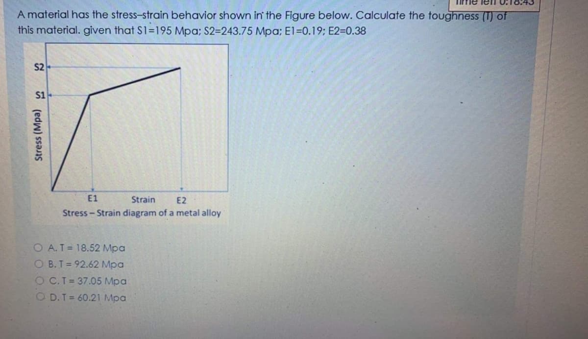 Time len
A material has the stress-strain behavior shown in the Figure below. Calculate the toughness (T) of
this material. given that S1=195 Mpa; S2=243.75 Mpa; El=0.19; E2=0.38
E1
Strain
E2
Stress - Strain diagram of a metal alloy
OA.T= 18.52 Mpa
O B.T= 92.62 Mpa
O C.T= 37.05 Mpa
O D.T= 60.21 Mpa
Stress (Mpa) 3
