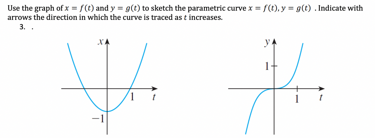 Use the graph of x = f(t) and y = g(t) to sketch the parametric curve x = : f(t), y = g(t) . Indicate with
arrows the direction in which the curve is traced as t increases.
3.
XA
#
1 t
y
1
t