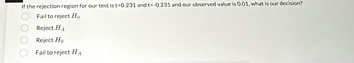 If the rejection region for our test is t>0.231 and t<-0.231 and our observed value is 0.01, what is our decision?
Fail to reject Ho
Reject HA
Reject Ho
Fail to reject HA