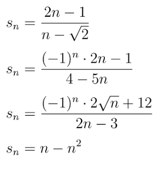 2n – 1
V2
Sn
n
(-1)" · 2n – 1
Sn
4 – 5n
(-1)" . 2уп + 12
Sn =
2n – 3
Sn = n – n2
