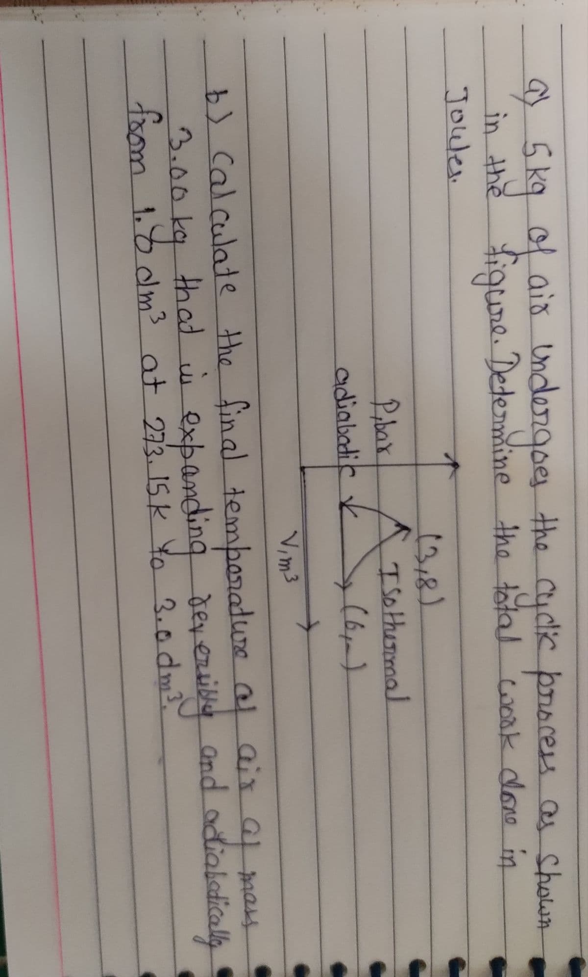 9 Skq of
in the figure. Dedermine the total wook dono in
Joule.
aid Undergoes the Cycik proces as Shown
Pibar
adiabadik k
13,8)
ISothermal
(bp)
V,m3
b) calculate the fin al temporadure
al aix al mass
and adialdically
3.00kg ng dey erilly y
foom 1.8 dm3
thad i expandi
at 273.15K Yo 3.0 dm3.
