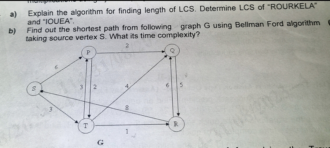 a)
b)
mat
Explain the algorithm for finding length of LCS. Determine LCS of "ROURKELA"
and "IOUEA".
Find out the shortest path from following graph G using Bellman Ford algorithm
taking source vertex S. What its time complexity?
2
S
3 2
T
4.
8
1
R