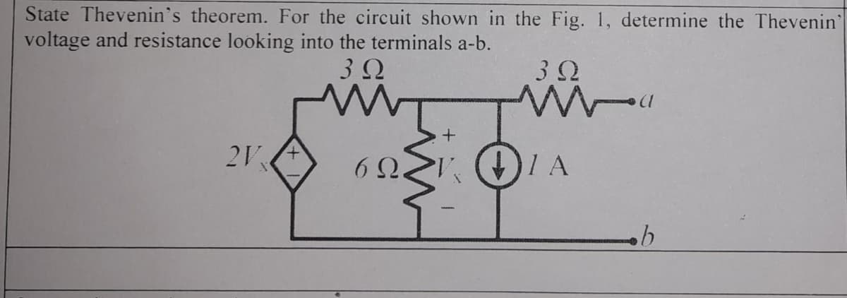 State Thevenin's theorem. For the circuit shown in the Fig. 1, determine the Thevenin'
voltage and resistance looking into the terminals a-b.
3 Ω
2V
+
3 Ω
wa
69V IA
b
