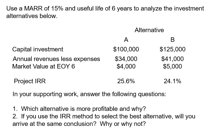 Use a MARR of 15% and useful life of 6 years to analyze the investment
alternatives below.
Alternative
A
B
Capital investment
$100,000
$125,000
Annual revenues less expenses
$34,000
$41,000
Market Value at EOY 6
$4,000
$5,000
Project IRR
25.6%
24.1%
In your supporting work, answer the following questions:
1. Which alternative is more profitable and why?
2. If you use the IRR method to select the best alternative, will you
arrive at the same conclusion? Why or why not?