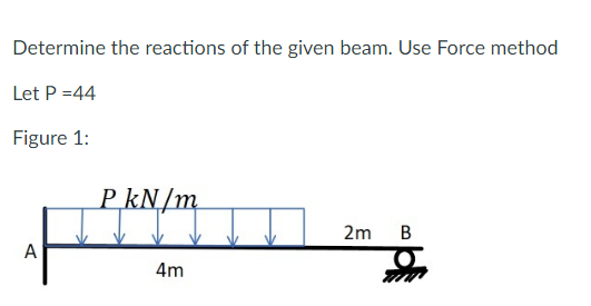 Determine the reactions of the given beam. Use Force method
Let P =44
Figure 1:
A
PkN/m
4m
2m
B
F