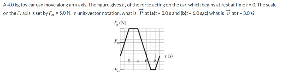 A 4.0 kg toy car can move along an x axis. The figure gives Fx of the force acting on the car, which begins at rest at time t = 0. The scale
at t = 3.0 s?
on the Fx axis is set by Fxs = 5.0 N. In unit-vector notation, what is P at (a)t = 3.0 s and (b)t = 6.0 s,(c) what is
Fx (N)
F
A
6 8
-F
-t (s)