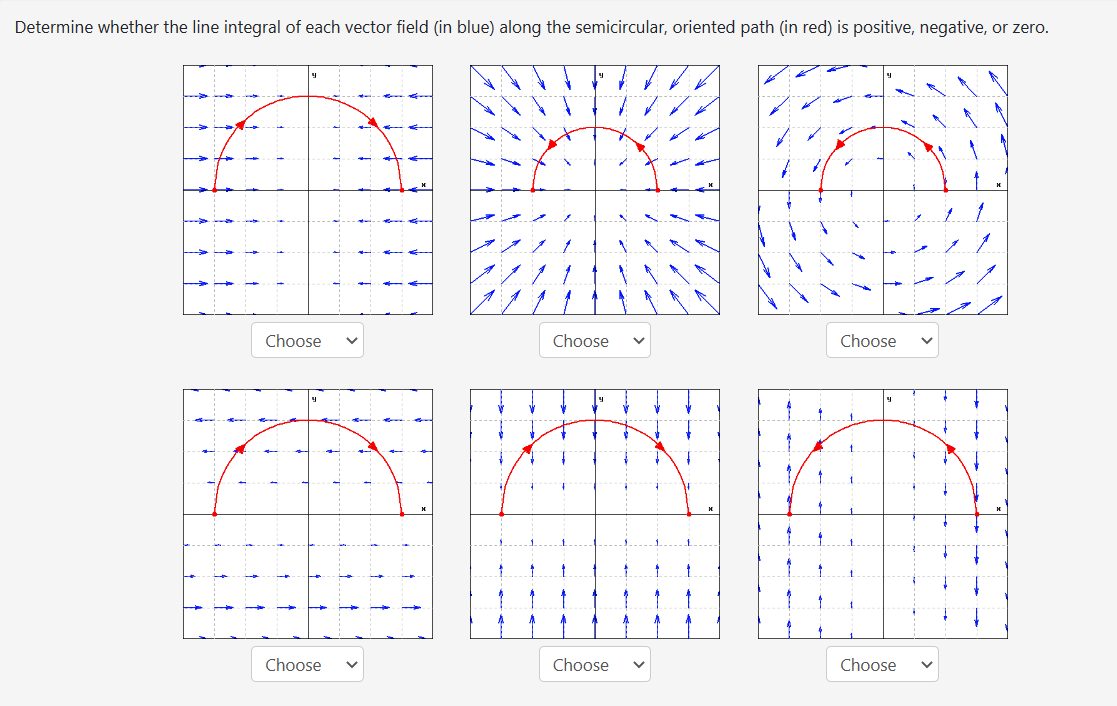 Determine whether the line integral of each vector field (in blue) along the semicircular, oriented path (in red) is positive, negative, or zero.
220
Choose
€
Choose V
Choose
Choose
Choose V
Choose