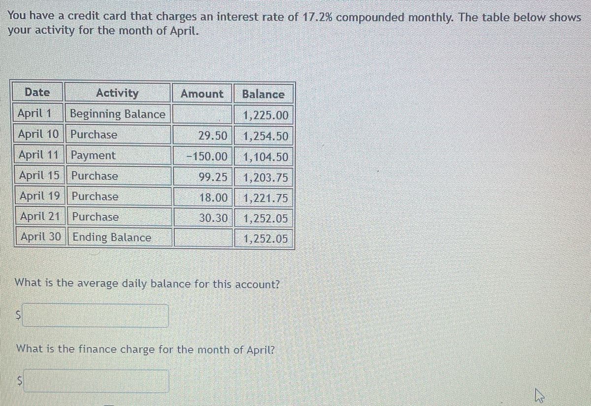 You have a credit card that charges an interest rate of 17.2% compounded monthly. The table below shows
your activity for the month of April.
Date
April 1
Activity
Beginning Balance
Amount
Balance
1,225.00
April 10
Purchase
29.50
1.254.50
April 11
Payment
-150.00
1,104.50
April 15
Purchase
99.25
1,203.75
April 19
Purchase
18.00
1,221.75
April 21
Purchase
30.30
1,252.05
April 30 Ending Balance
1,252.05
What is the average daily balance for this account?
S
What is the finance charge for the month of April?
S