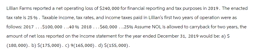 Lillian Farms reported a net operating loss of $240,000 for financial reporting and tax purposes in 2019. The enacted
tax rate is 25 %. Taxable income, tax rates, and income taxes paid in Lillian's first two years of operation were as
follows: 2017...$100,000...40% 2018...$60,000...25% Assume NOL is allowed to carryback for two years, the
amount of net loss reported on the income statement for the year ended December 31, 2019 would be: a) $
(180,000). b) $(175,000). c) 9(165,000). d) $(155,000).