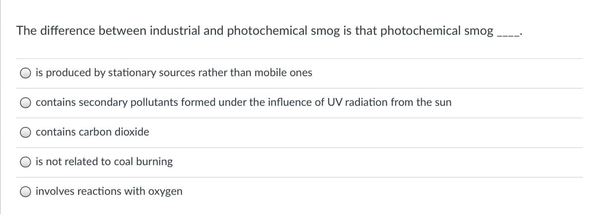 The difference between industrial and photochemical smog is that photochemical smog
is produced by stationary sources rather than mobile ones
contains secondary pollutants formed under the influence of UV radiation from the sun
contains carbon dioxide
is not related to coal burning
involves reactions with oxygen
