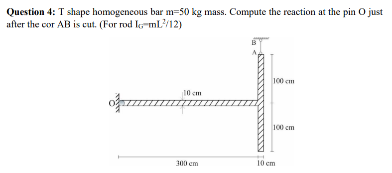Question 4: T shape homogeneous bar m=50 kg mass. Compute the reaction at the pin O just
after the cor AB is cut. (For rod IG-mL²/12)
op
10 cm
300 cm
waffess
B
A
100 cm
100 cm
10 cm