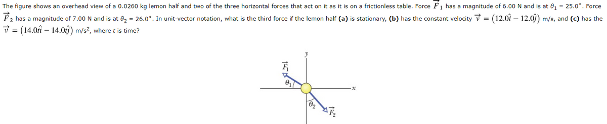 The figure shows an overhead view of a 0.0260 kg lemon half and two of the three horizontal forces that act on it as it is on a frictionless table. Force F, has a magnitude of 6.00 N and is at 0, = 25.0°. Force
F2 has a magnitude of 7.00 N and is at 6, = 26.0°. In unit-vector notation, what is the third force if the lemon half (a) is stationary, (b) has the constant velocity v = (12.0i – 12.0j) m/s, and (c) has the
V = (14.0ti – 14.0fj) m/s², where t is time?
-
