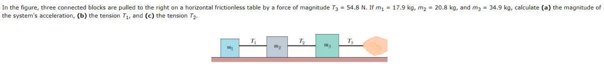 In the figure, three connected blocks are pulled to the right on a horizontal frictionless table by a force of magnitude T3 = 54.8 N. If m, = 17.9 kg, m2 = 20.8 kg, and m3 = 34.9 kg, calculate (a) the magnitude of
the system's acceleration, (b) the tension T1, and (c) the tension T2.
T
T3
