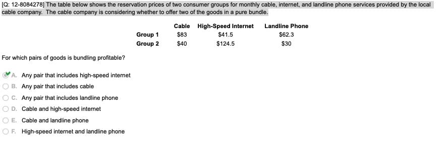 [Q: 12-8084278] The table below shows the reservation prices of two consumer groups for monthly cable, internet, and landline phone services provided by the local
cable company. The cable company is considering whether to offer two of the goods in a pure bundle.
Cable High-Speed Internet Landline Phone
$83
Group 1
$41.5
$62.3
Group 2
$40
$124.5
$30
For which pairs of goods is bundling profitable?
A. Any pair that includes high-speed internet
B. Any pair that includes cable
C. Any pair that includes landline phone
D. Cable and high-speed intermet
E. Cable and landline phone
OF. High-speed internet and landline phone
O O
