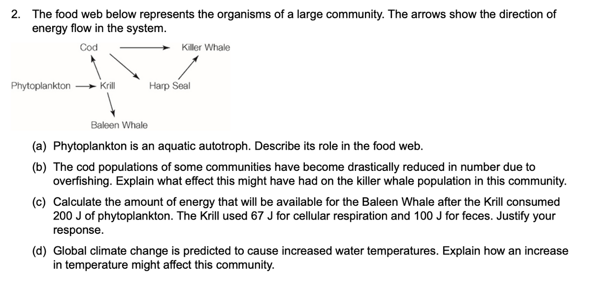 2. The food web below represents the organisms of a large community. The arrows show the direction of
energy flow in the system.
Cod
Killer Whale
Phytoplankton
Krill
Harp Seal
Baleen Whale
(a) Phytoplankton is an aquatic autotroph. Describe its role in the food web.
(b) The cod populations of some communities have become drastically reduced in number due to
overfishing. Explain what effect this might have had on the killer whale population in this community.
(c) Calculate the amount of energy that will be available for the Baleen Whale after the Krill consumed
200 J of phytoplankton. The
used 67 J for cellular respiration and 100 J for feces. Justify your
response.
(d) Global climate change is predicted to cause increased water temperatures. Explain how an increase
in temperature might affect this community.
