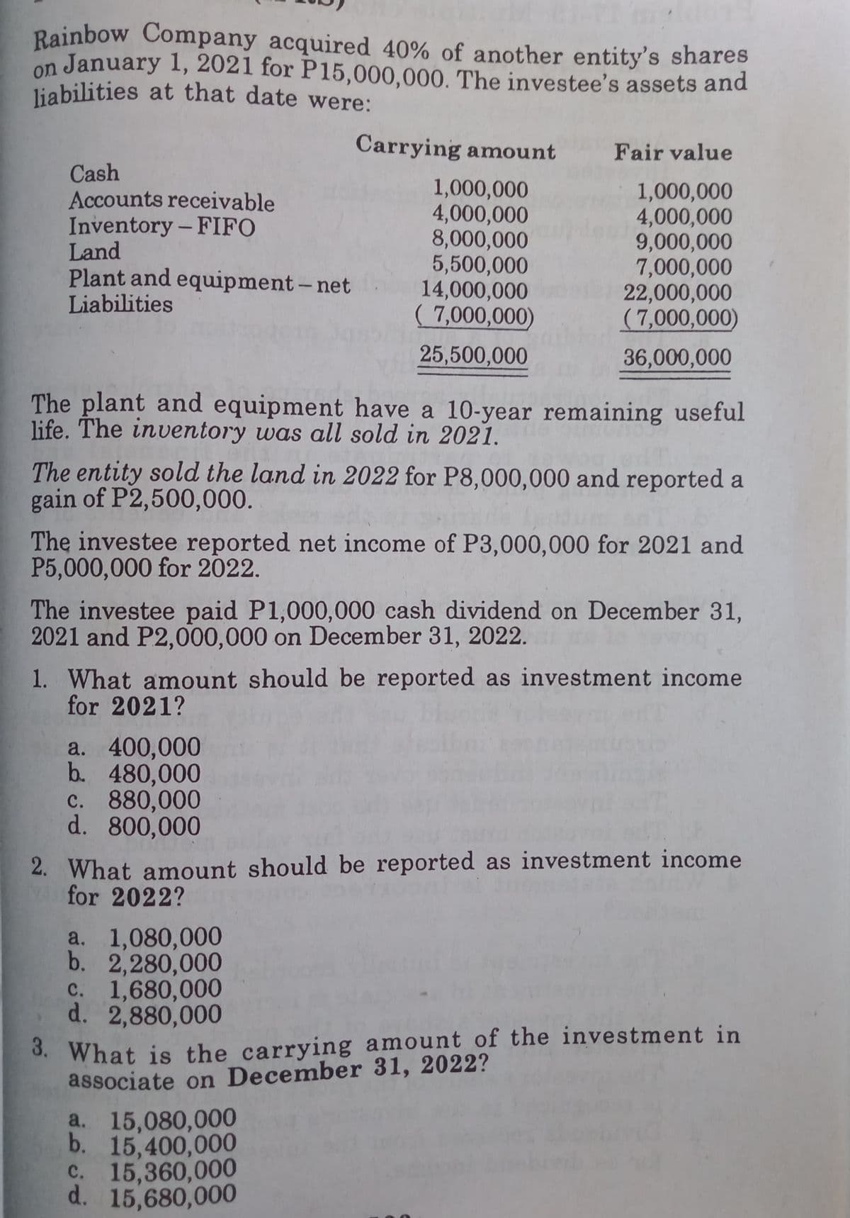 Rainbow Company acquired 40% of another entity's shares
liabilities at that date were:
on January 1, 2021 for P15,000,000. The investee's assets and
Carrying amount
Fair value
Cash
Accounts receivable
Inventory - FIFO
Land
Plant and equipment- net
Liabilities
1,000,000
4,000,000
8,000,000
5,500,000
14,000,000
( 7,000,000)
1,000,000
4,000,000
9,000,000
7,000,000
022,000,000
(7,000,000)
25,500,000
36,000,000
The plant and equipment have a 10-year remaining useful
life. The inventory was all sold in 2021.
The entity sold the land in 2022 for P8,000,000 and reported a
gain of P2,500,000.
The investee reported net income of P3,000,000 for 2021 and
P5,000,000 for 2022.
The investee paid P1,000,000 cash dividend on December 31,
2021 and P2,000,000 on December 31, 2022.
1. What amount should be reported as investment income
for 2021?
a. 400,000
b. 480,000
c. 880,000
d. 800,000
2. What amount should be reported as investment income
for 2022?
a. 1,080,000
b. 2,280,000
c. 1,680,000
d. 2,880,000
3. What is the carrying amount of the investment in
associate on December 31, 2022?
a. 15,080,000
b. 15,400,000
c. 15,360,000
d. 15,680,000
