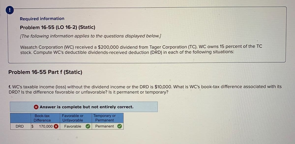 Required information
Problem 16-55 (LO 16-2) (Static)
[The following information applies to the questions displayed below.]
Wasatch Corporation (WC) received a $200,000 dividend from Tager Corporation (TC). WC owns 15 percent of the TC
stock. Compute WC's deductible dividends-received deduction (DRD) in each of the following situations:
Problem 16-55 Part f (Static)
f. WC's taxable income (loss) without the dividend income or the DRD is $10,000. What is WC's book-tax difference associated with its
DRD? Is the difference favorable or unfavorable? Is it permanent or temporary?
DRD
Answer is complete but not entirely correct.
Favorable or
Unfavorable
Favorable
Book-tax
Difference
170,000 x
Temporary or
Permanent
Permanent