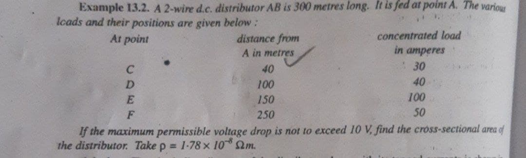 Example 13.2. A 2-wire d.c. distributor AB is 300 metres long. It is fed at point A. The various
loads and their positions are given below:
At point
distance from
concentrated load
in amperes
A in metres
30
C
40
40
D
100
100
E
150
50
F
250
If the maximum permissible voltage drop is not to exceed 10 V, find the cross-sectional area of
the distributor. Take p = 1.78 x 10 Qm.