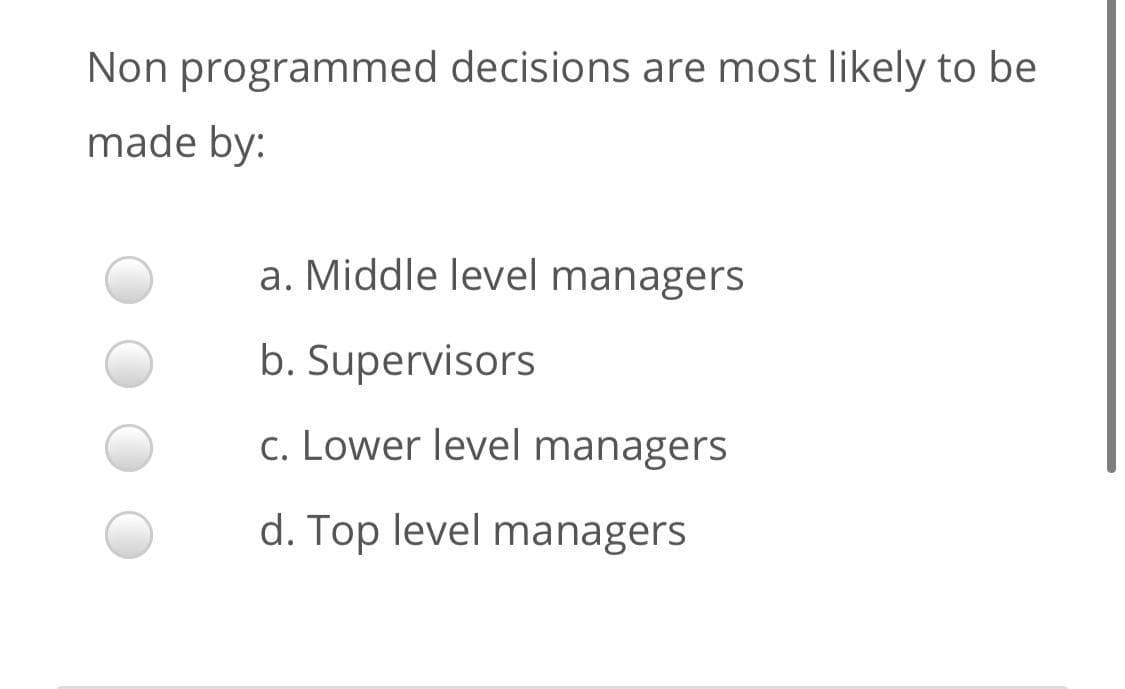Non programmed decisions are most likely to be
made by:
a. Middle level managers
b. Supervisors
c. Lower level managers
d. Top level managers
