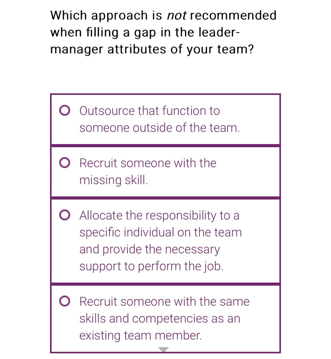 Which approach is not recommended
when filling a gap in the leader-
manager attributes of your team?
Outsource that function to
someone outside of the team.
O Recruit someone with the
missing skill.
O Allocate the responsibility to a
specific individual on the team
and provide the necessary
support to perform the job.
O Recruit someone with the same
skills and competencies as an
existing team member.