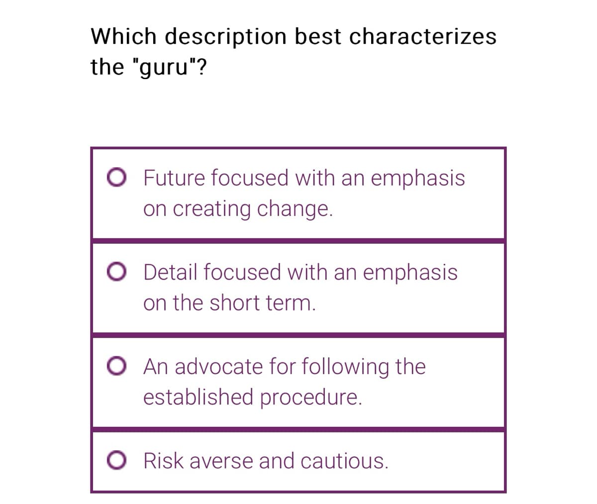 Which description best characterizes
the "guru"?
O Future focused with an emphasis
on creating change.
O Detail focused with an emphasis
on the short term.
O An advocate for following the
established procedure.
O Risk averse and cautious.