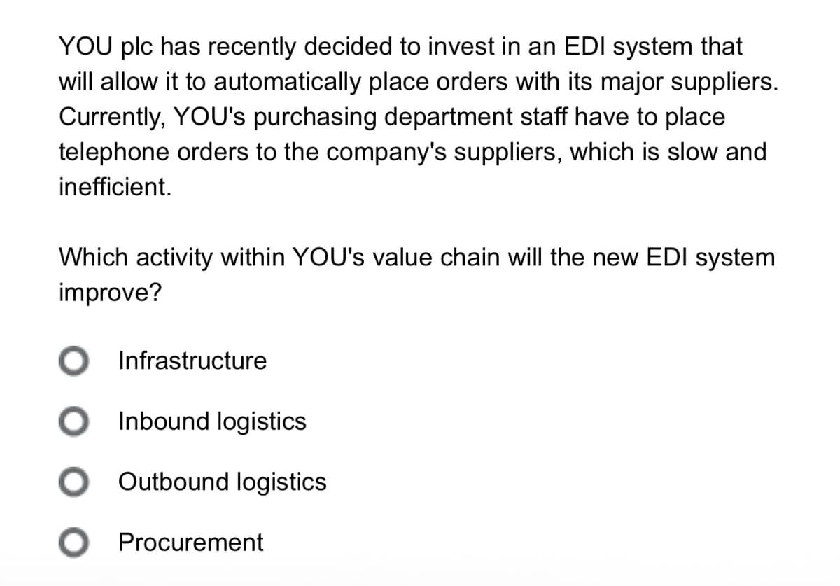 YOU plc has recently decided to invest in an EDI system that
will allow it to automatically place orders with its major suppliers.
Currently, YOU's purchasing department staff have to place
telephone orders to the company's suppliers, which is slow and
inefficient.
Which activity within YOU's value chain will the new EDI system
improve?
Infrastructure
Inbound logistics
Outbound logistics
● Procurement