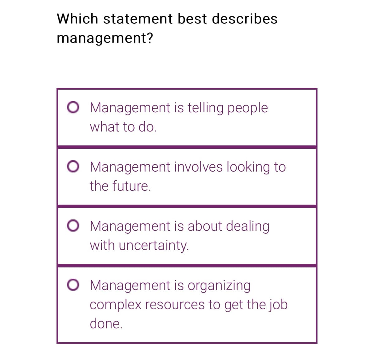 Which statement best describes
management?
O Management is telling people
what to do.
O Management involves looking to
the future.
O Management is about dealing
with uncertainty.
O Management is organizing
complex resources to get the job
done.