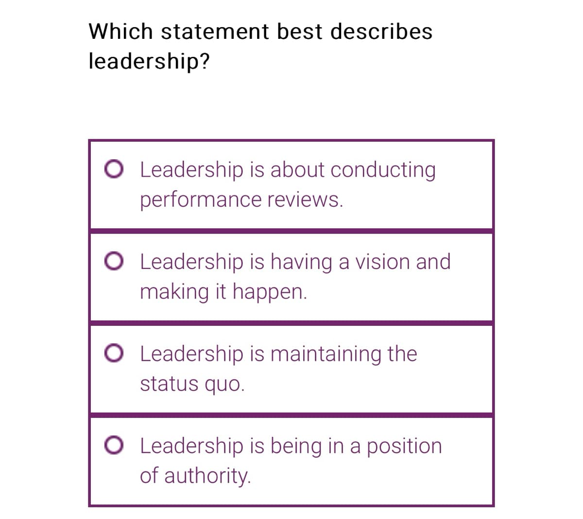 Which statement best describes
leadership?
O Leadership is about conducting
performance reviews.
O Leadership is having a vision and
making it happen.
O Leadership is maintaining the
status quo.
O Leadership is being in a position
of authority.