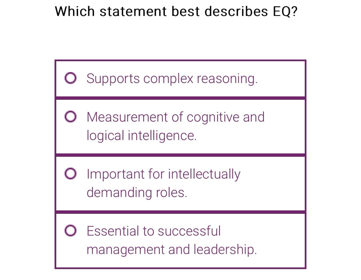 Which statement best describes EQ?
O Supports complex reasoning.
O Measurement of cognitive and
logical intelligence.
O Important for intellectually
demanding roles.
O Essential to successful
management and leadership.