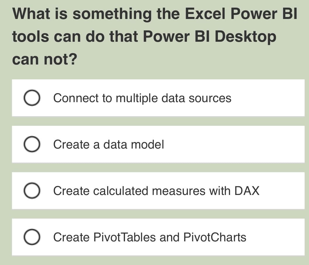 What is something the Excel Power BI
tools can do that Power BI Desktop
can not?
Connect to multiple data sources
Create a data model
Create calculated measures with DAX
Create Pivot Tables and PivotCharts