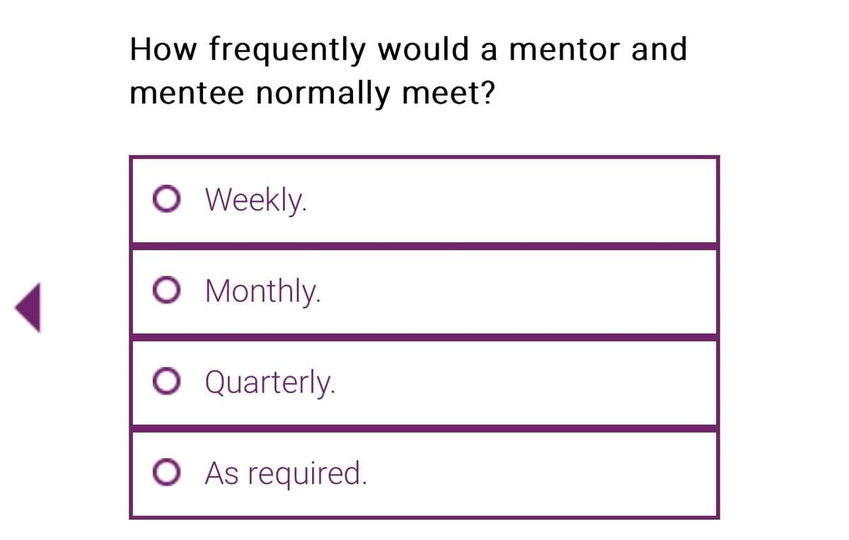 How frequently would a mentor and
mentee normally meet?
O Weekly.
O Monthly.
O Quarterly.
O As required.