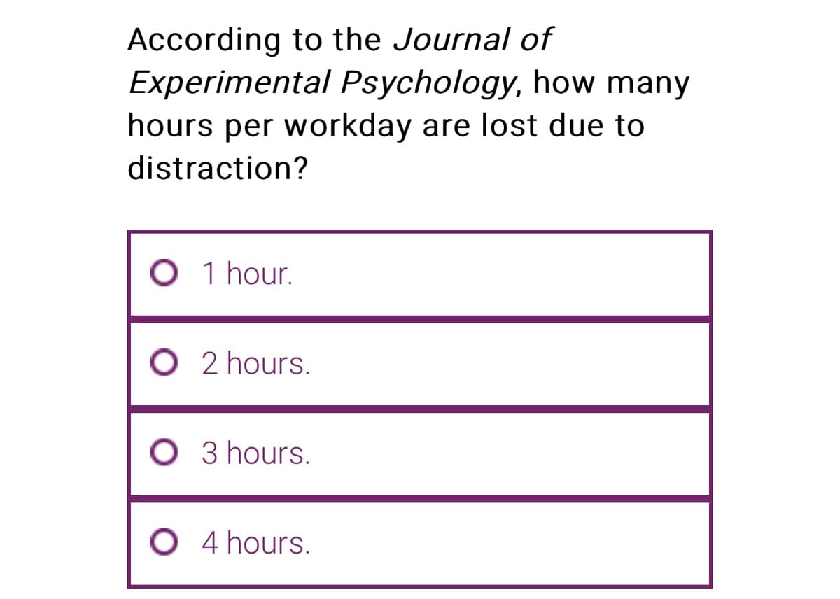 According to the Journal of
Experimental Psychology, how many
hours per workday are lost due to
distraction?
O 1 hour.
O2 hours.
O 3 hours.
O 4 hours.