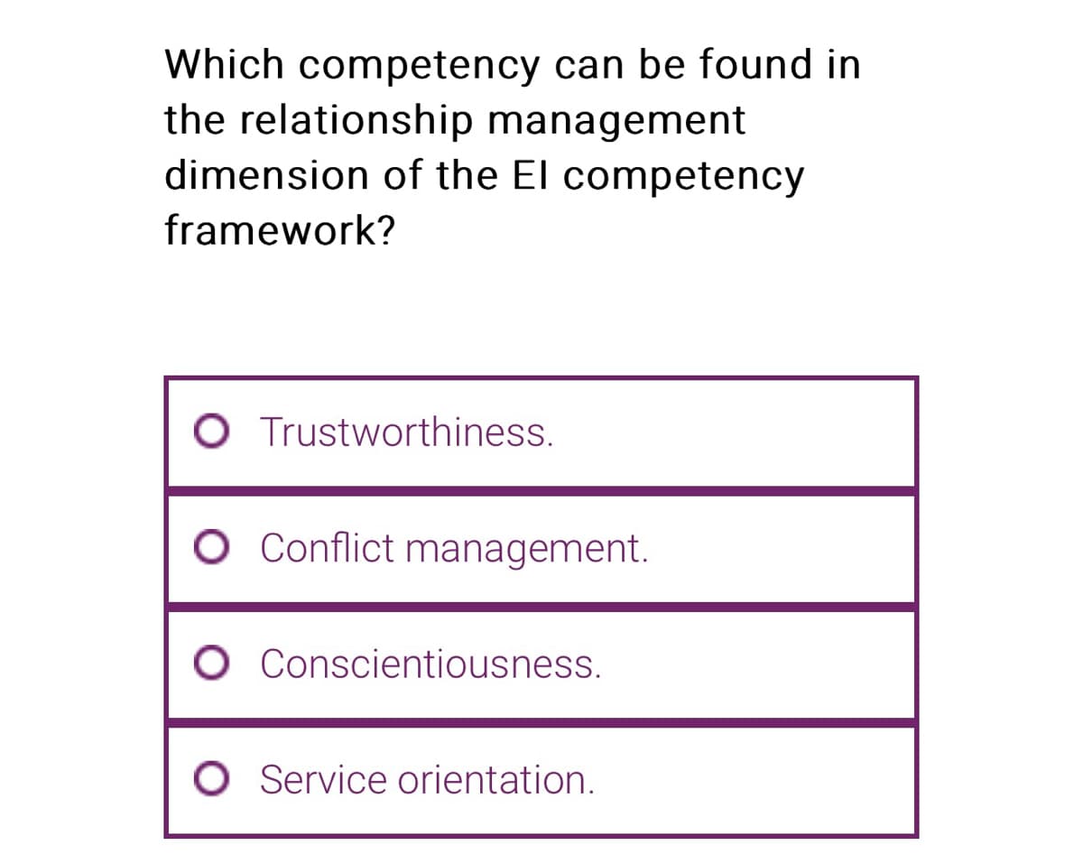 Which competency can be found in
the relationship management
dimension of the El competency
framework?
Trustworthiness.
O Conflict management.
O Conscientiousness.
O Service orientation.