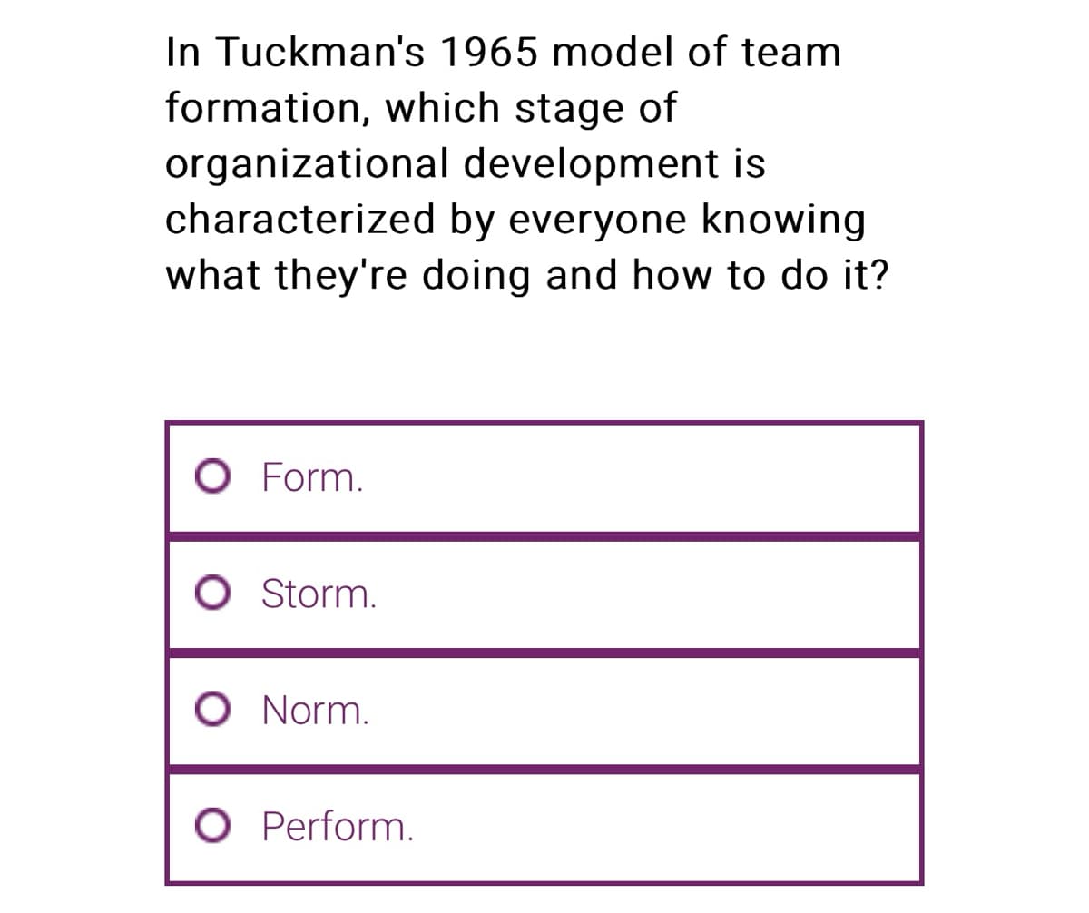 In Tuckman's 1965 model of team
formation, which stage of
organizational
development is
characterized by everyone knowing
what they're doing and how to do it?
O Form.
O Storm.
O Norm.
O Perform.