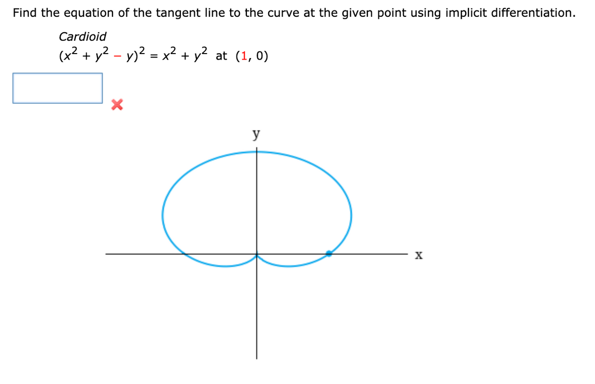 Find the equation of the tangent line to the curve at the given point using implicit differentiation.
Cardioid
(x² + y² – y)² = x² + y² at (1, 0)
y

