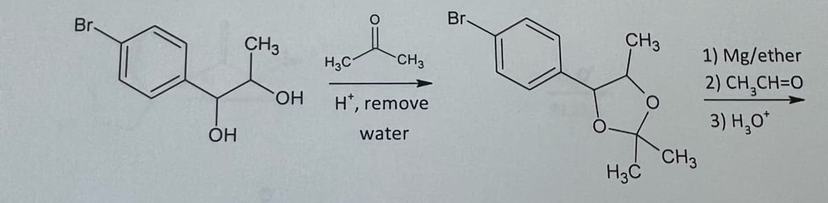 Br
ОН
CH3
ОН
CH 3
H3C
H*, remove
water
Br-
CH3
H3C
CH3
1) Mg/ether
2) CH,CH=O
3) H2O+