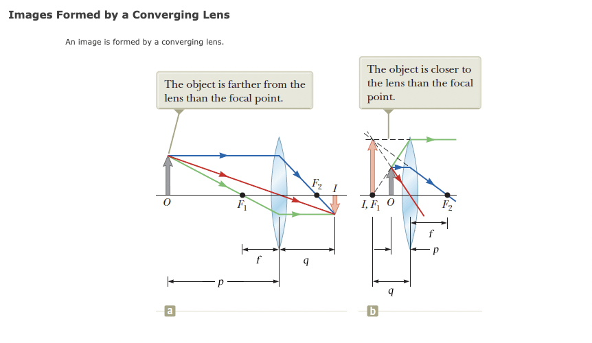 Images Formed by a Converging Lens
An image is formed by a converging lens.
The object is farther from the
lens than the focal point.
a
F₁
f
9
F₂
The object is closer to
the lens than the focal
point.
I, F, O
b
F₂