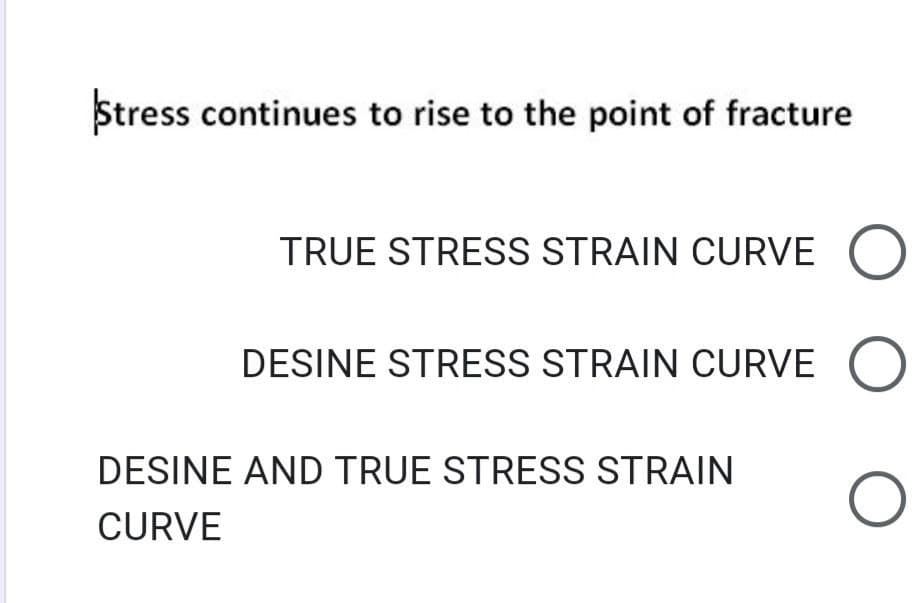 Stress continues to rise to the point of fracture
TRUE STRESS STRAIN CURVE O
DESINE STRESS STRAIN CURVE O
DESINE AND TRUE STRESS STRAIN
CURVE