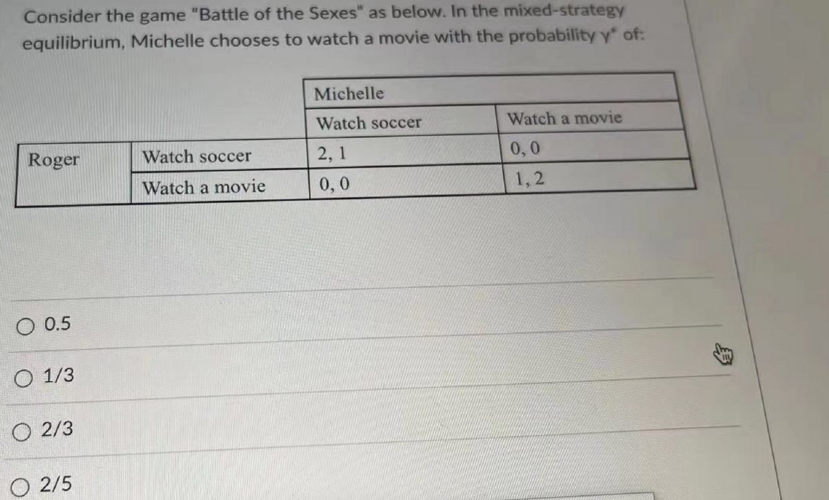 Consider the game "Battle of the Sexes" as below. In the mixed-strategy
equilibrium, Michelle chooses to watch a movie with the probability y" of:
Michelle
Watch soccer
Watch a movie
Roger
Watch soccer
2,1
0,0
Watch a movie
0,0
1,2
O 0.5
O 1/3
O 2/3
O 2/5