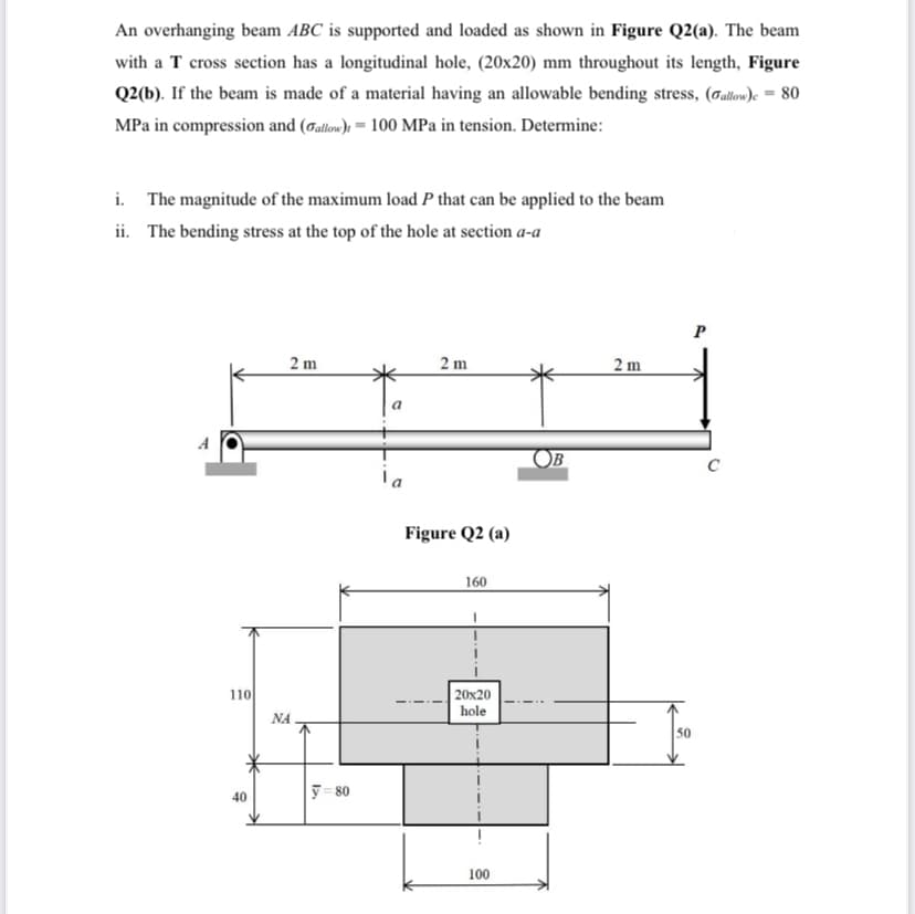 An overhanging beam ABC is supported and loaded as shown in Figure Q2(a). The beam
with a T cross section has a longitudinal hole, (20x20) mm throughout its length, Figure
Q2(b). If the beam is made of a material having an allowable bending stress, (øallow)e = 80
MPa in compression and (øallow) = 100 MPa in tension. Determine:
i. The magnitude of the maximum load P that can be applied to the beam
ii. The bending stress at the top of the hole at section a-a
P
2 m
2 m
米
2 m
)B
C
ia
Figure Q2 (a)
160
|20x20
hole
110
NA
50
y= 80
40
100
