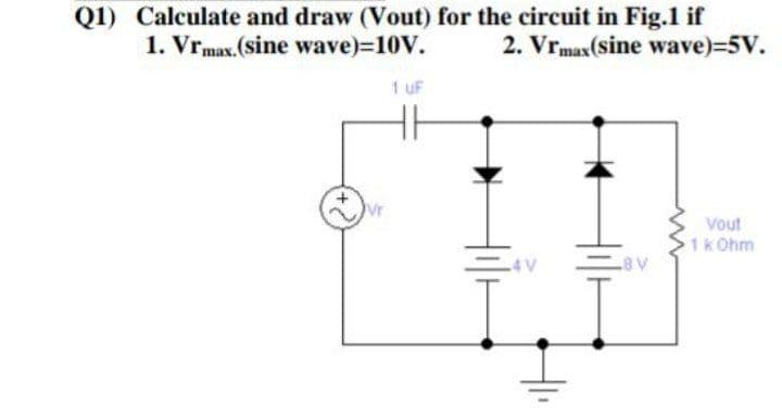 Q1) Calculate and draw (Vout) for the circuit in Fig.1 if
1. Vrmax.(sine wave)=10V.
2. Vrmax(sine wave)-5V.
1 UF
vr
Vout
1k Ohm
