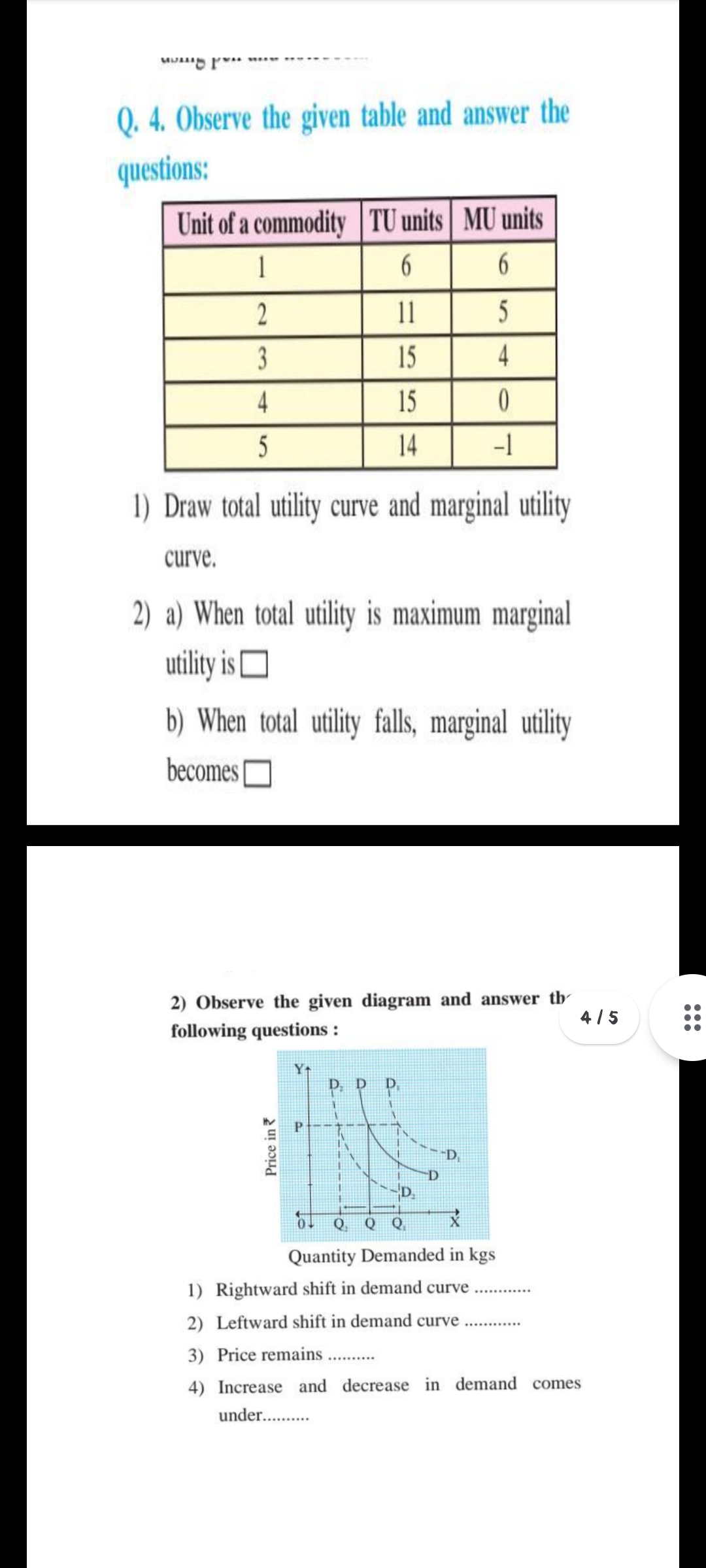 Q. 4. Observe the given table and answer the
questions:
Unit of a commodity TU units MU units
1
11
5
3
15
4
4
15
5
14
-1
1) Draw total utility curve and marginal utility
curve.
2) a) When total utility is maximum marginal
utility is O
b) When total utility falls, marginal utility
becomes|
2) Observe the given diagram and answer th
4 /5
following questions :
D. D
D.
P.
-D
Q
Q
Q
Quantity Demanded in kgs
1) Rightward shift in demand curve
2) Leftward shift in demand curve
3) Price remains
..........
4) Increase and decrease in demand comes
under. .
Price in ?
