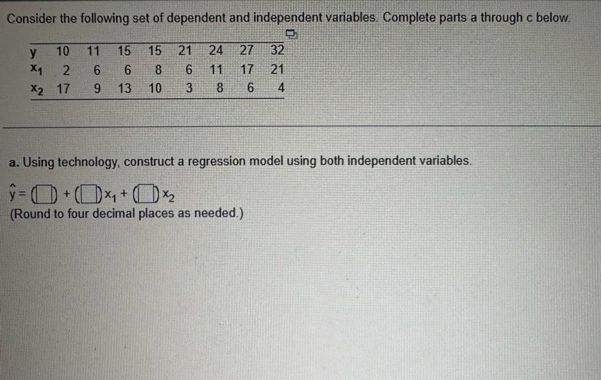 Consider the following set of dependent and independent variables. Complete parts a through c below.
y
10
11
15
15
21
24
27 32
X1
2
6
6
8
6
11
17
21
X2 17 9
13
10
3
8
6
4
a. Using technology, construct a regression model using both independent variables.
=
+
+
(Round to four decimal places as needed.)