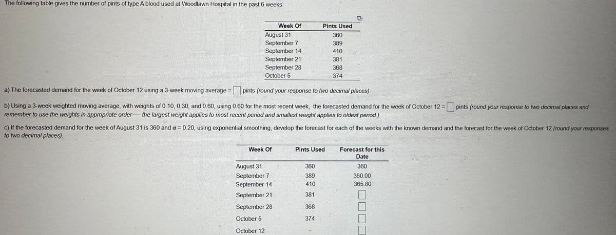 The following table gives the number of pints of type A blood used at Woodlawn Hospital in the past 6 weeks:
Week Of
August 31
September 7
September 14
September 21
September 28
October 5
a) The forecasted demand for the week of October 12 using a 3-week moving average =
pints (round your response to two decimal places)
b) Using a 3-week weighted moving average, with weights of 0.10, 0.30, and 0.60, using 0.60 for the most recent week, the forecasted demand for the week of October 12 = pints (round your response to two decimal places and
remember to use the weights in appropriate order the largest weight applies to most recent period and smallest weight applies to oldest period.)
c) If the forecasted demand for the week of August 31 is 360 and α = 0.20, using exponential smoothing, develop the forecast for each of the weeks with the known demand and the forecast for the week of October 12 (round your responses
to two decimal places).
Week Of
August 31
September 7
September 14
September 21
September 28
October 5
October 12
Pints Used
360
389
410
381
368
374
Pints Used
360
389
410
381
368
374
Forecast for this
Date
360
360.00
365.80