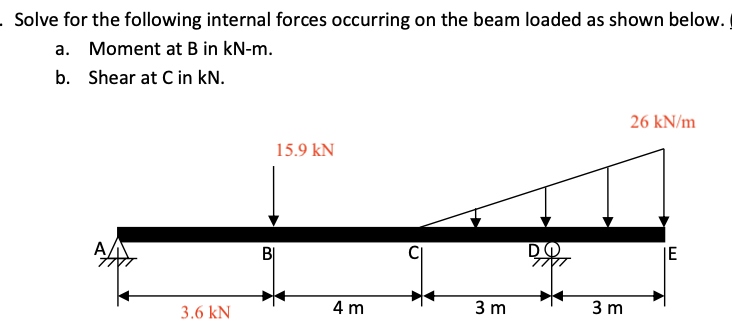 - Solve for the following internal forces occurring on the beam loaded as shown below.
a. Moment at B in kN-m.
b. Shear at Cin kN.
26 kN/m
15.9 kN
A
BỊ
IE
3.6 kN
4 m
3 m
3 m

