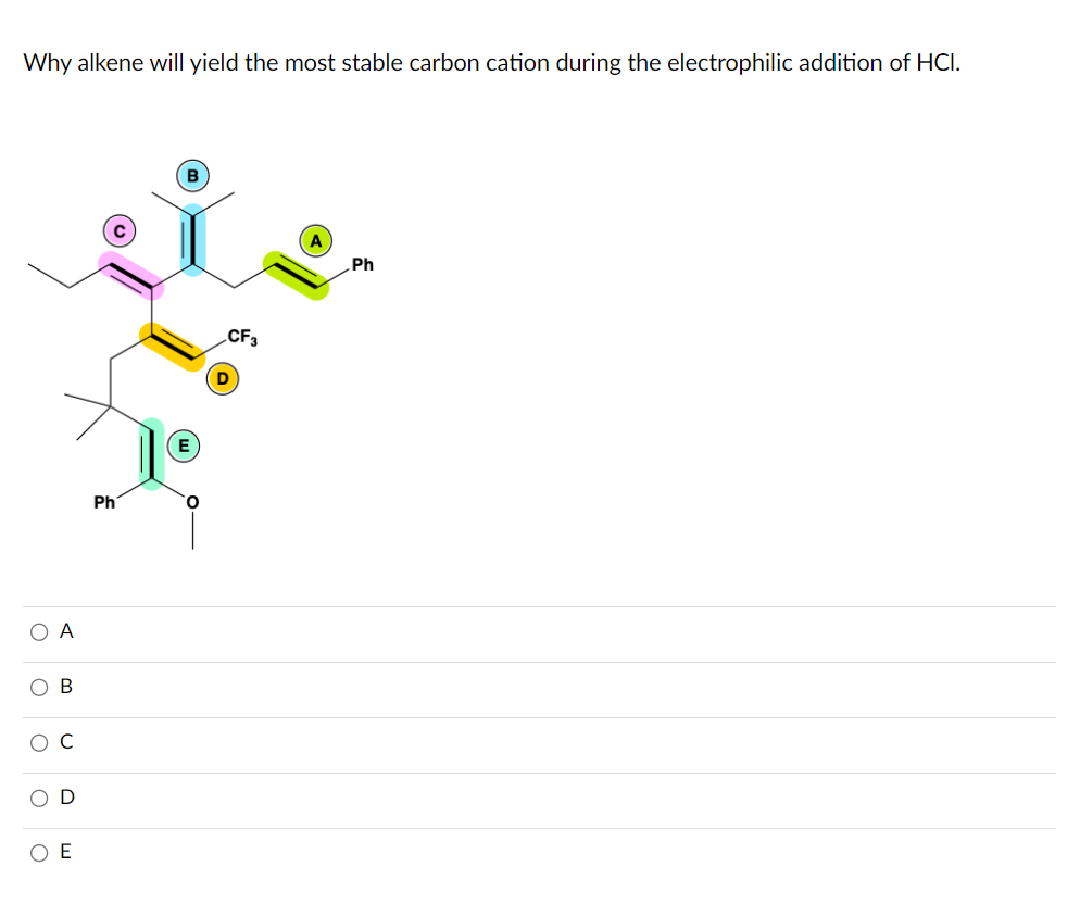 Why alkene will yield the most stable carbon cation during the electrophilic addition of HCI.
O A
OB
O
O
C
D
O E
Ph
CF3
D
Ph