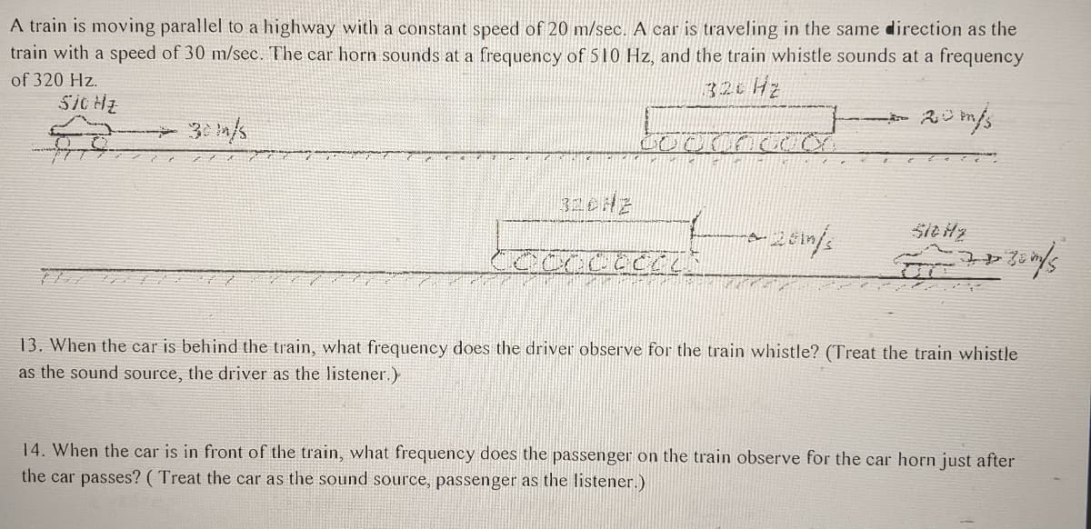 A train is moving parallel to a highway with a constant speed of 20 m/sec. A car is traveling in the same direction as the
train with a speed of 30 m/sec. The car horn sounds at a frequency of 510 Hz, and the train whistle sounds at a frequency
of 320 Hz.
320H2
30 n/s
13. When the car is behind the train, what frequency does the driver observe for the train whistle? (Treat the train whistle
as the sound source, the driver as the listener.)
14. When the car is in front of the train, what frequency does the passenger on the train observe for the car horn just after
the car passes? ( Treat the car as the sound source, passenger as the listener.)
